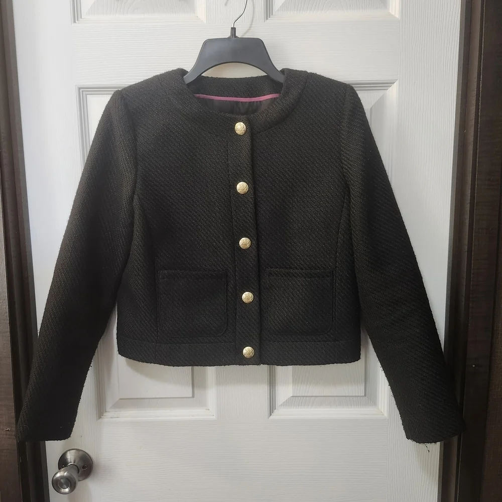 Women J. Crew Black Tweed Lady Jacket With Gold Tone Buttons Cropped Style Sz 2